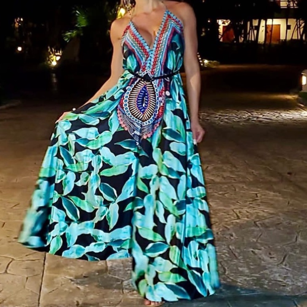 TROPICAL-PRINT MAXI HALTER DRESS